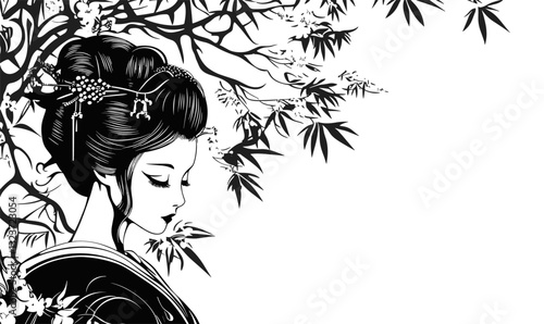Traditional japanese geisha with cherry blossom branches, flat icons set, vector.