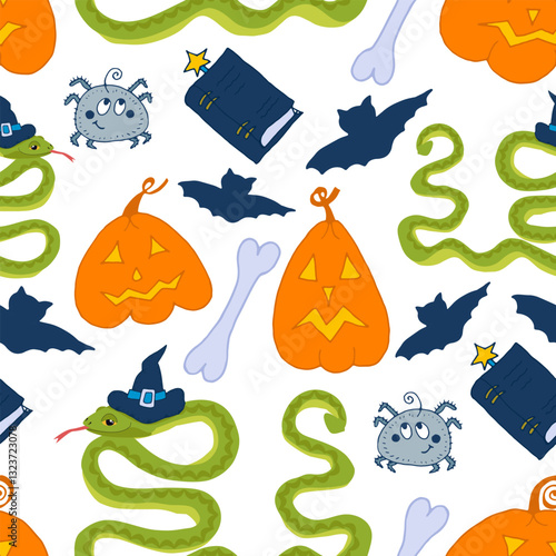 Seamless pattern snake in blue witch, spell book, bone, spider and pumpkins, bats - vector Halloween illustration for fabric design, packaging, wallpaper