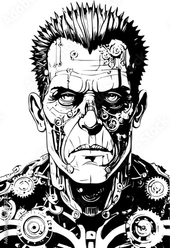 SVG vector features symbolic Frankenstein designs in artistic style. Futuristic Robot Portrait with Intricate Mechanical Details