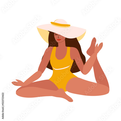 Young tanned woman in swimsuit and hat doing yoga, sport activities and meditation - vector color flat illustration for banners, postcards, posters, flyers