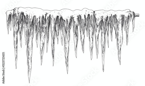 Detailed icicles hanging from roof in winter, monochrome, flat style, icons set vector.