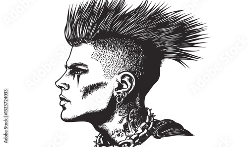 Punk rocker profile with mohawk and tattoos, flat icons set, vector.