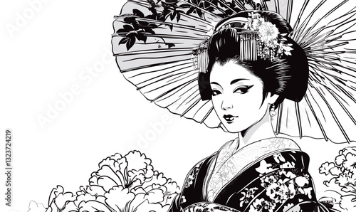 Traditional japanese geisha with umbrella, peony flowers, in kimono - vector, linear icons set.