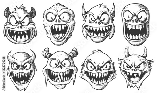 Scary monster faces collection in black and white - vector, linear, icons set.
