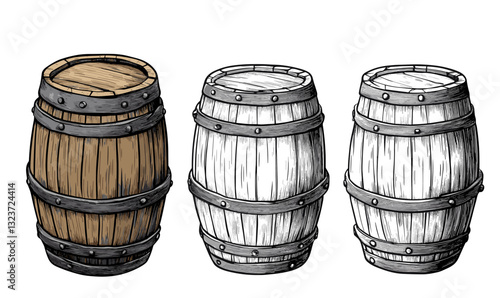 Wooden barrel variations in three styles for storage and decoration - linear icons set, vector.