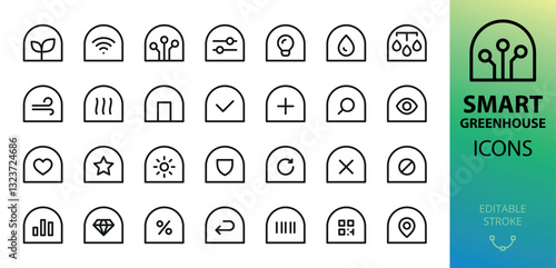 Smart greenhouse management system icons set. Set of greenhouse monitoring system vector icons with editable stroke