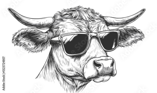 Cool cow with sunglasses in detailed sketch - linear style vector icons set.