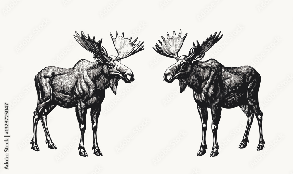 Obraz premium Moose illustrations showcasing two facing wildlife animals in detailed black and white - linear icons set vector.