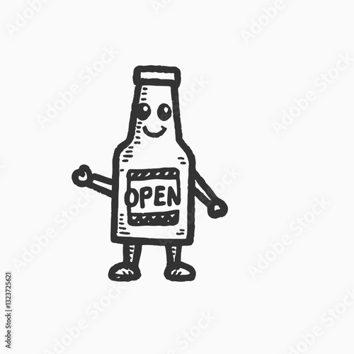 Hand drawn beer cartoon. Beer Bottle with closed sign board cartoon mascot illustration