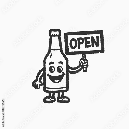 Hand drawn beer cartoon. Beer Bottle with closed sign board cartoon mascot illustration