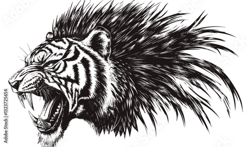 Roaring tiger with flowing mane, wild feline animal art, linear icons set, vector.