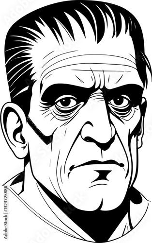 SVG vector features symbolic Frankenstein designs in artistic style. Classic Monochrome Illustration of a Sinister Character