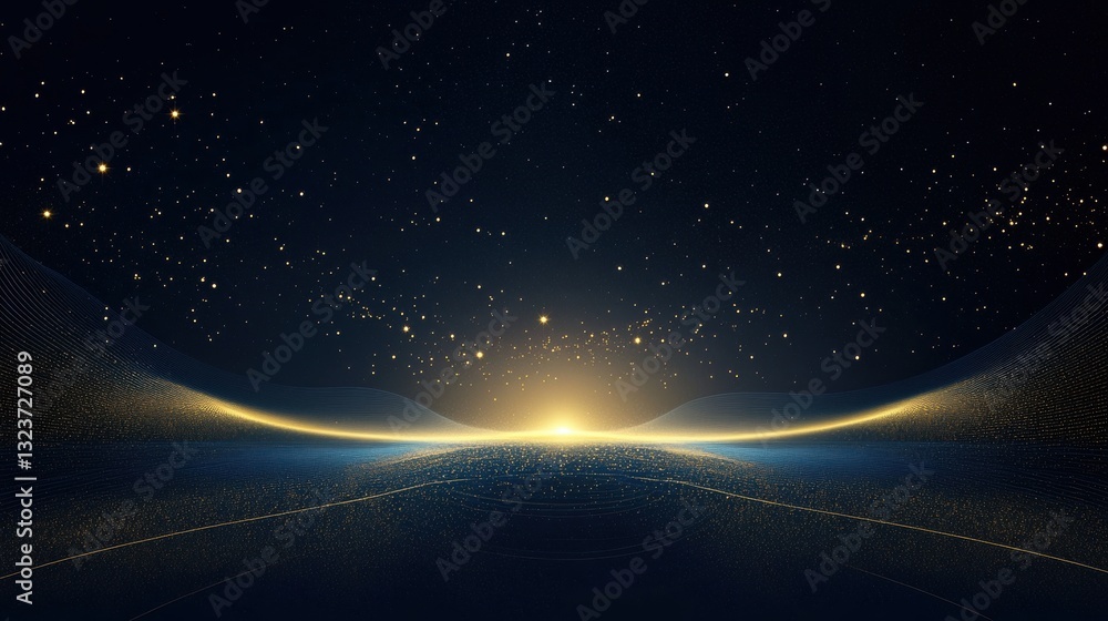 Obraz premium Ethereal Golden Horizon Abstract Starfield with Glowing Light Waves on Dark Blue Background, Premium Design