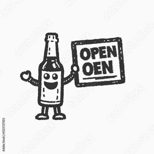 Beer Bottle with Open sign board cartoon mascot Logo. Scratch board style imitation. Black and white hand drawn image.