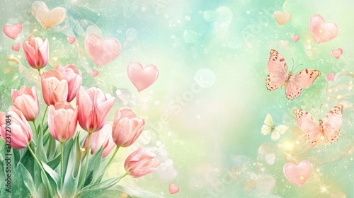 Soft Floral Design with Heart Shapes and Butterflies