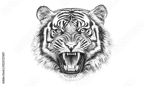Fierce tiger head with open mouth, realistic drawing, linear icons set, vector.