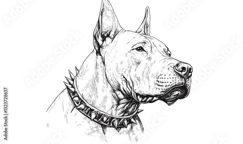 Dog portrait with spiked collar, detailed canine drawing – linear vector icons set.