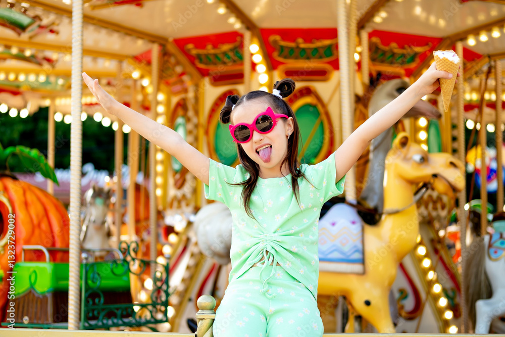 Obraz premium A child girl eats ice cream in a summer amusement park and enjoys the International Children's Day, happy childhood and holidays