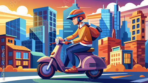 Guy in helmet while riding a scooter rides around the city,