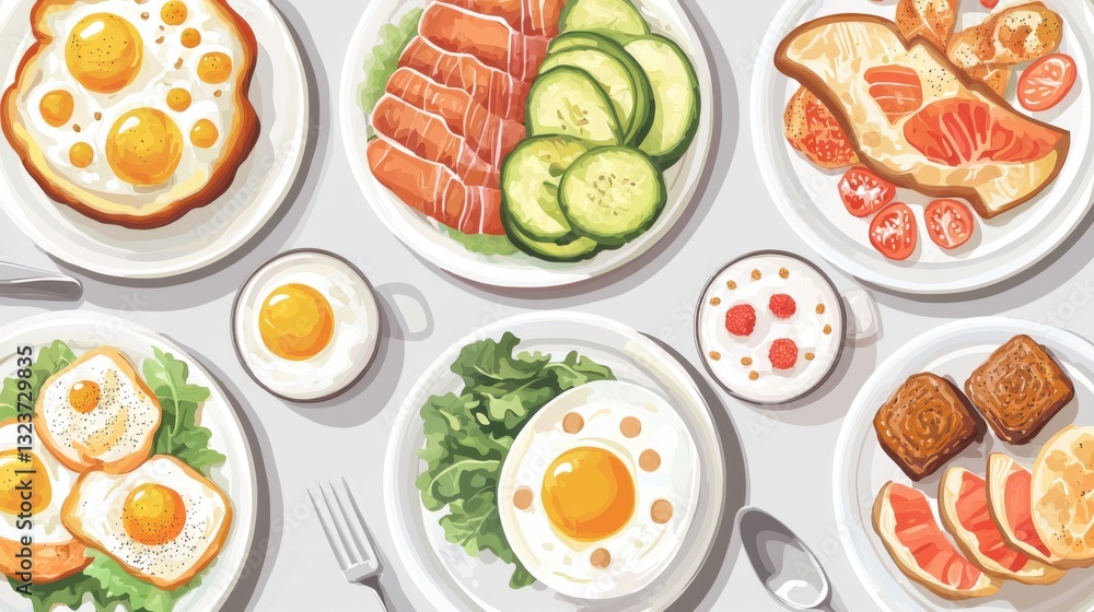 Healthy breakfast set on light grey background. The concept of delicious and healthy food. Top view, copy space. Healthy breakfast set on light grey background. The concept of delicious and healthy food. Top view, copy space.