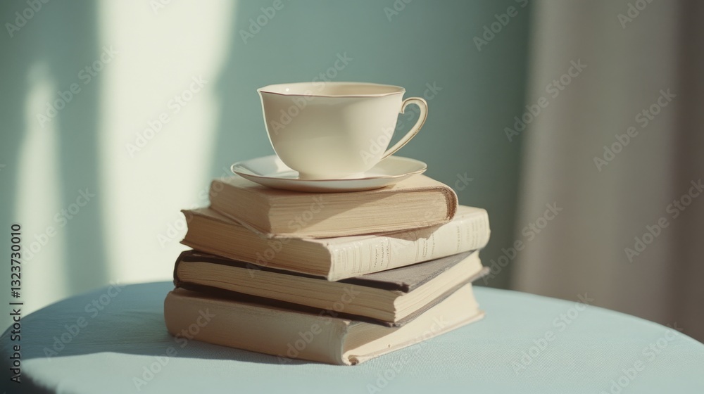A teacup delicately balances on a stack of hardcover books, casting soft shadows on a gentle background, merging simplicity and charm. A teacup delicately balances on a stack of hardcover books, casting soft shadows on a gentle background, merging simplicity and charm.