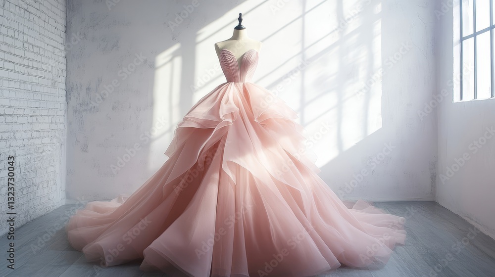 Fototapeta premium Elegant Pink Wedding Gown: A Vision of Bridal Beauty and Romantic Fashion, Perfect for a Dreamy and Graceful Celebration.