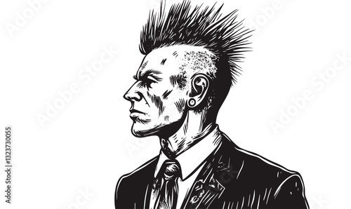Punk rocker in suit with mohawk hairstyle - linear icons set - vector.