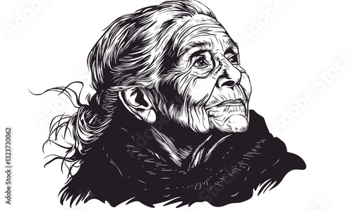 Elderly woman portrait with detailed features and expressions, linear style icons set, vector.