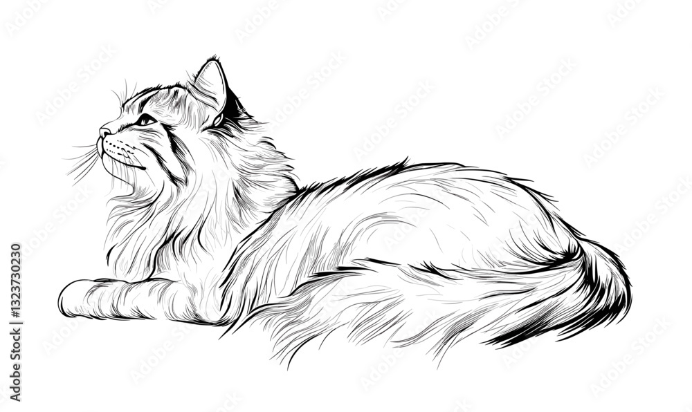 Obraz premium Maine coon cat illustration in profile pose - detailed black and white linear vector icons set.