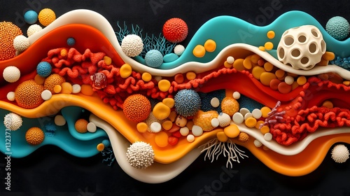 Intricate microscopic visualization of a diverse gut microbiome teeming with richly detailed microbial colonies establishing residence on the intestinal lining