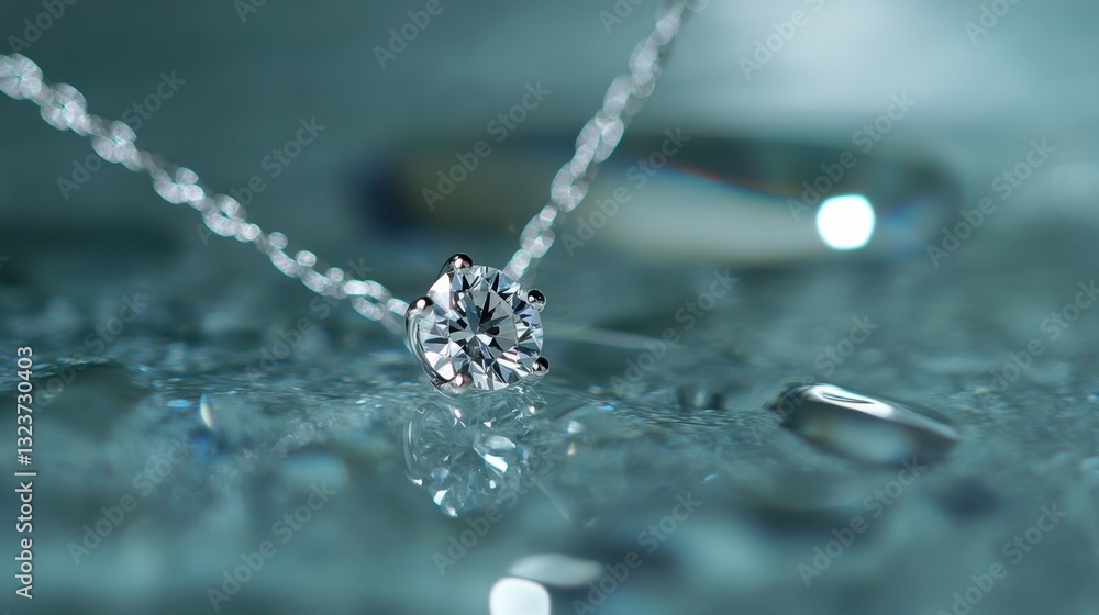 A single diamond pendant on a thin silver chain, placed on an elegant reflective jewelry surface. A single diamond pendant on a thin silver chain, placed on an elegant reflective jewelry surface.