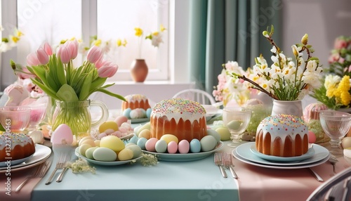 Wallpaper Mural A photograph of a fully set Easter table, adorned with decorated eggs, fresh flowers, and traditional Easter cakes, capturing the festive and vibrant atmosphere Torontodigital.ca