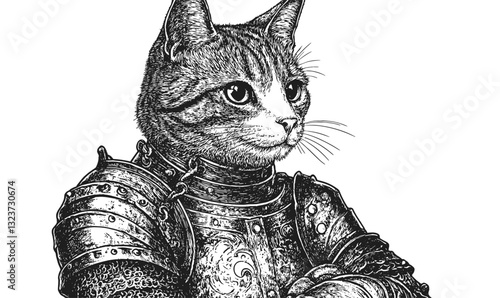 Warrior cat in armor, medieval style, brave feline character, black and white, vector, linear icons set.