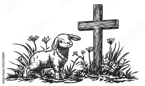 Lamb and cross in blooming meadow, religious flat icons set, vector.