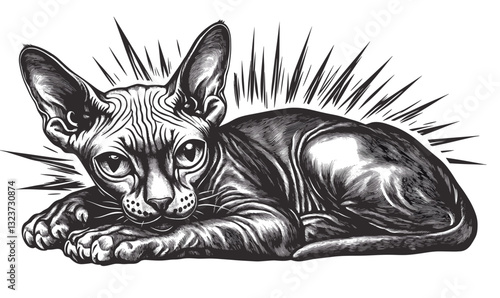 Sphynx cat in detailed black and white design, linear icons set, vector.