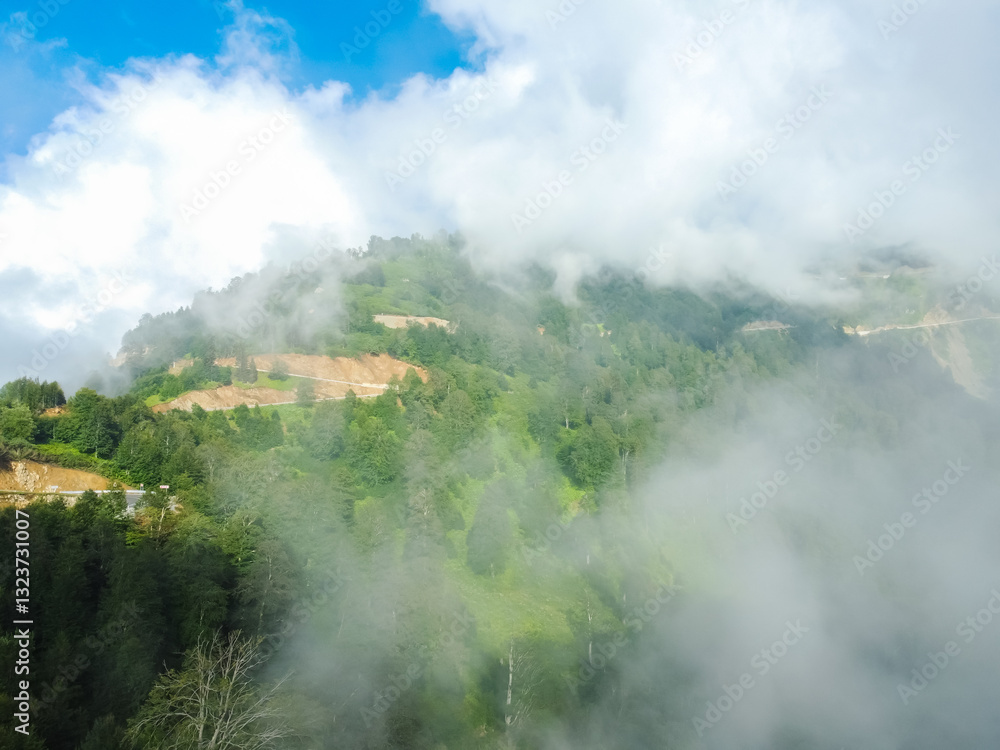 Misty clouds hover over lush green mountain forest, creating a captivating atmosphere. Aerial view showcases the enchanting beauty of the natural environment
