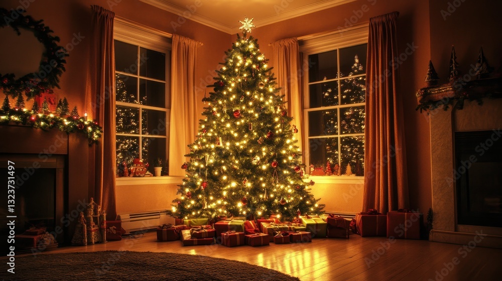 Warm and Inviting Christmas Living Room with Decorated Tree, Gifts, and Fireplace at Night. Warm and Inviting Christmas Living Room with Decorated Tree, Gifts, and Fireplace at Night.