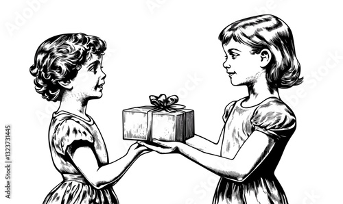 Children exchanging gift icon set, black and white, linear style, vector.