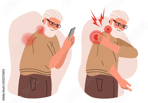 Old man holds phone. Bad wrong incorrect posture for holding PHONE. Wrong back, neck of Old man, elderly person. Vector illustration.