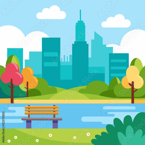 City park on the lake with views of skyscrapers. Landscape of the park. bench under a tree on a beautiful embankment among flowers and green grass with bushes. 