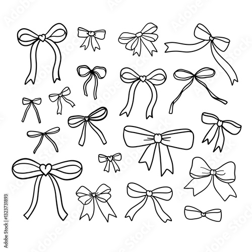 Hand drawn vector bows. Aesthetic coquette thin line flowy bows and ribbons