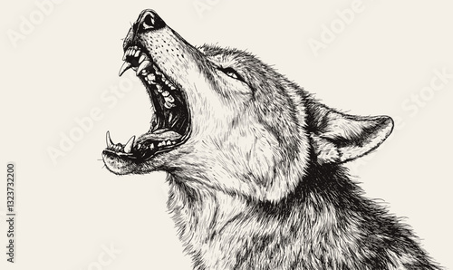 Howling wolf side profile in monochrome - detailed linear style animal icon set vector.