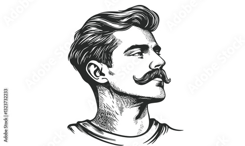Vintage male portrait in profile with mustache, flat style, icon set vector.