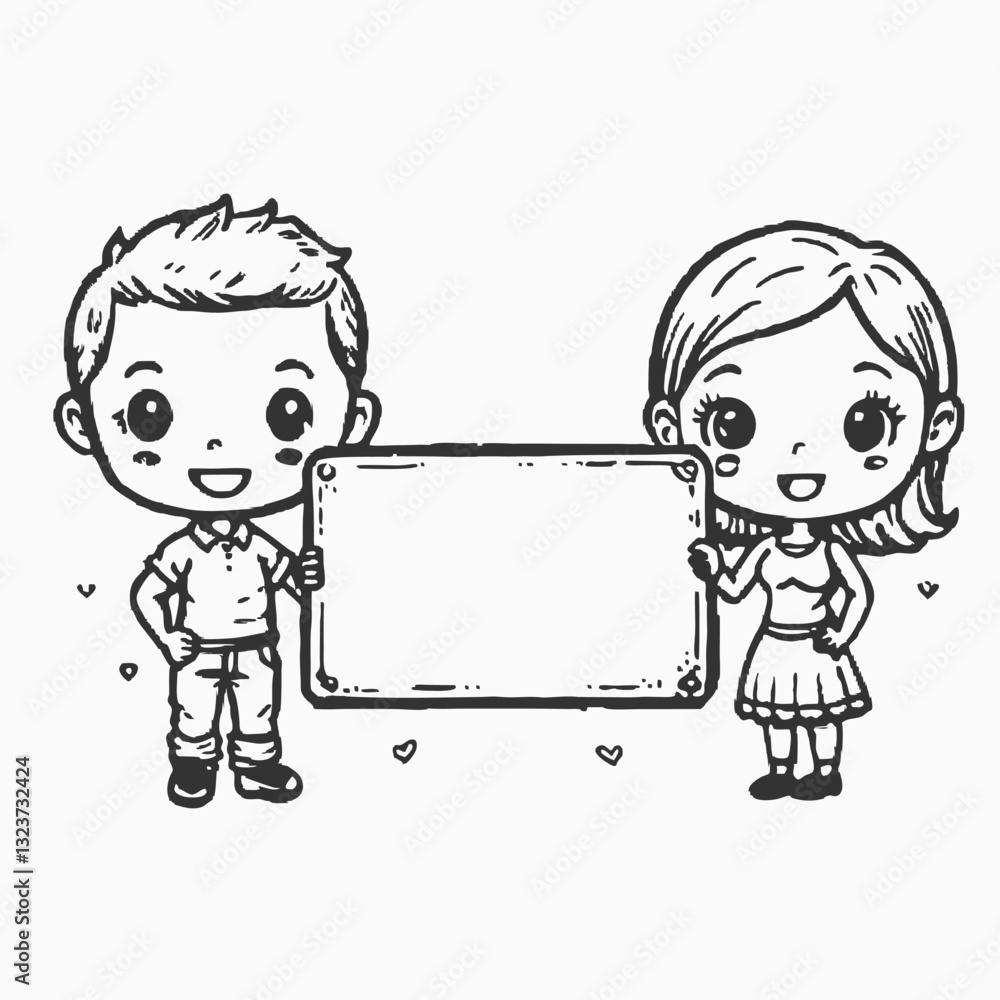 Beautiful cute couple pointing with fingers to white blank board, Vector Illustration Of happy couple in flat design style Black silhouette Beautiful cute couple pointing with fingers to white blank board, Vector Illustration Of happy couple in flat design style Black silhouette