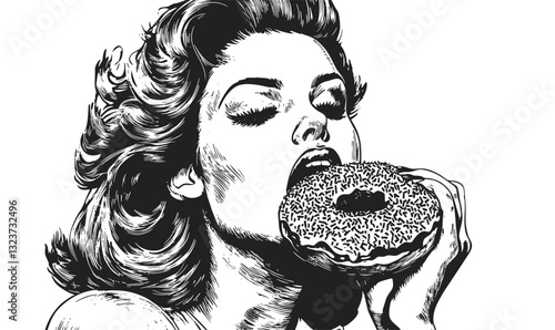 Woman eating donut black and white linear icons set, vector.