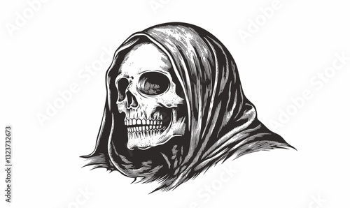 Grim reaper skull with hood in monochrome - linear icons set vector.
