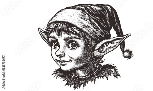 Charming elf in santa hat with playful expression - linear icons set, vector.