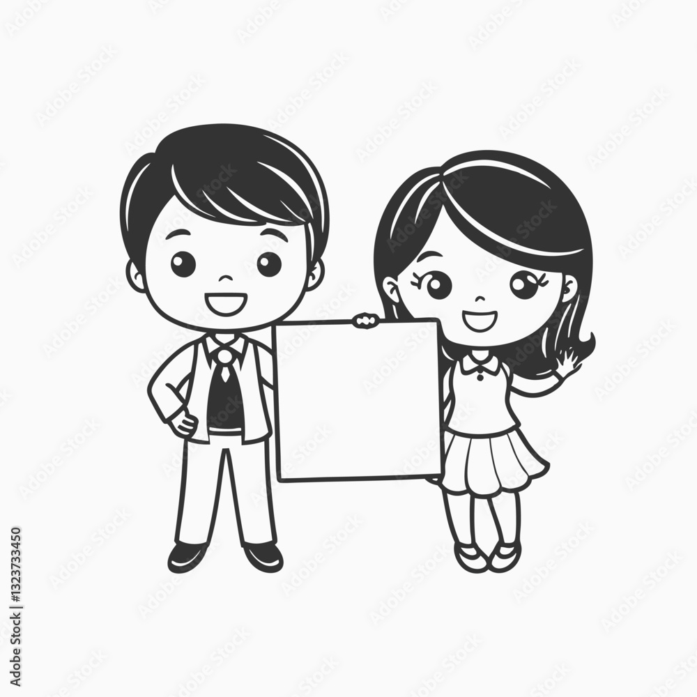 Tall man and short girl. Beautiful cute couple pointing with fingers to white blank board, Vector Illustration Of whiteboard visual aid in flat design style Isolated vector illustration Tall man and short girl. Beautiful cute couple pointing with fingers to white blank board, Vector Illustration Of whiteboard visual aid in flat design style Isolated vector illustration