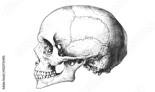 Detailed human skull vector illustration, side view, linear style icons set.