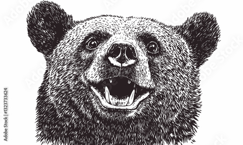 Grizzly bear growling head drawing - detailed line art, wildlife portrait - linear icons set, vector.